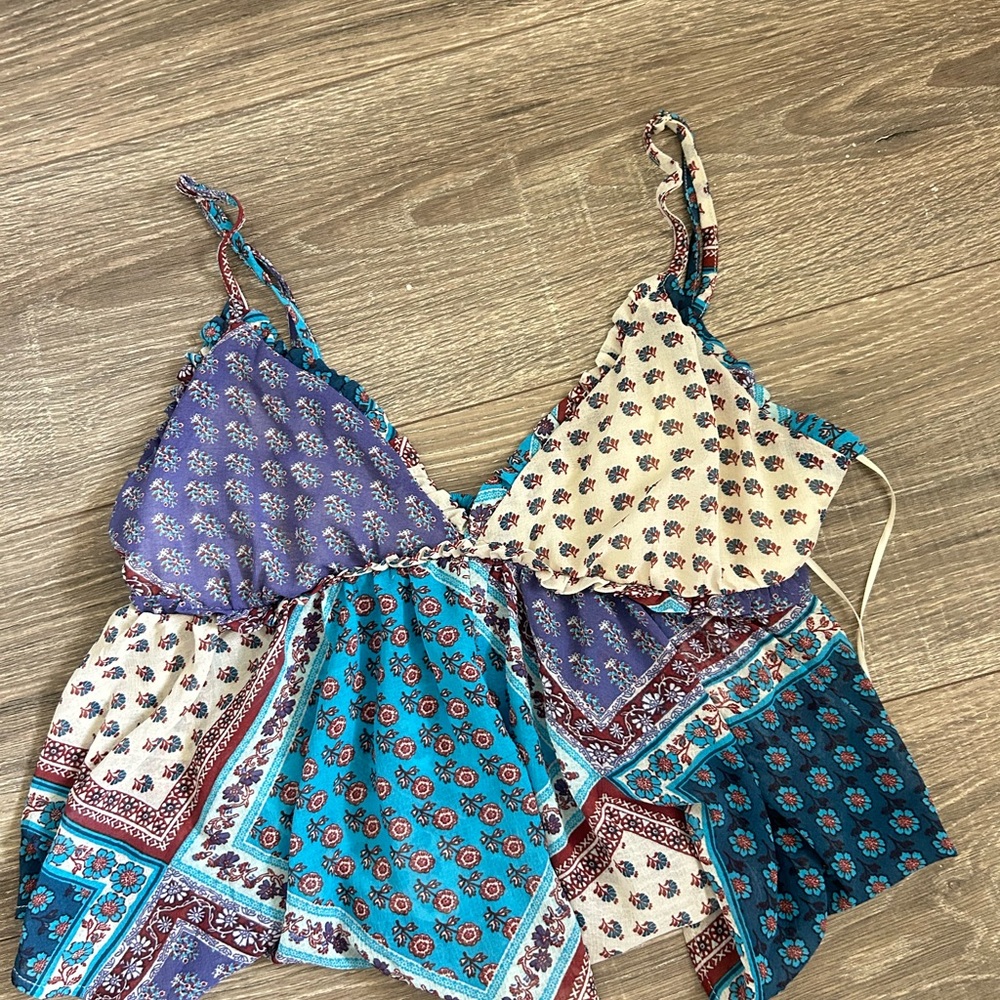 Free People Patchwork Floral Camisole - Blue and Cream